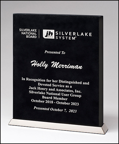 Leather Desktop Plaque with Chrome Plated Base.