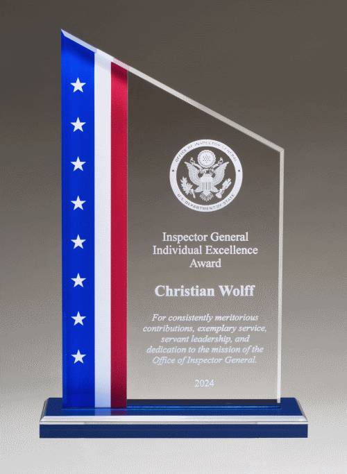 Acrylic with American Flag Design, Blue Mirror Topped Base.