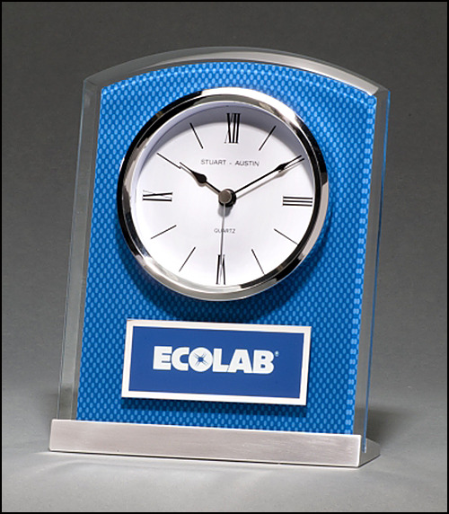 Glass Clock with Blue Carbon Fiber Design.