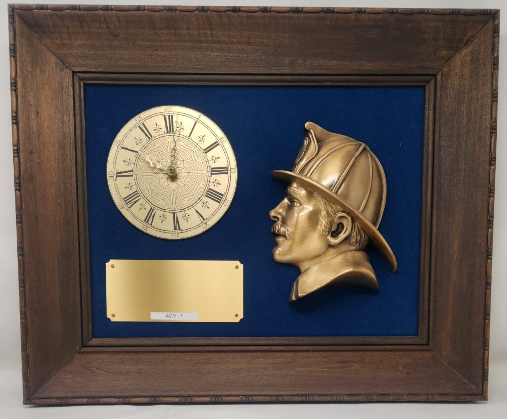 - Blue Velvet Framed Clock with Fireman Head.