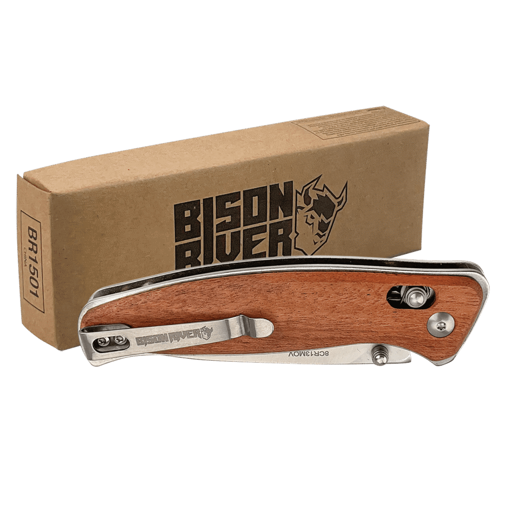 Wood Button Lock Knife with Leather Sheath.