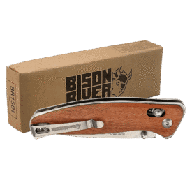 Wood Button Lock Knife with Leather Sheath.