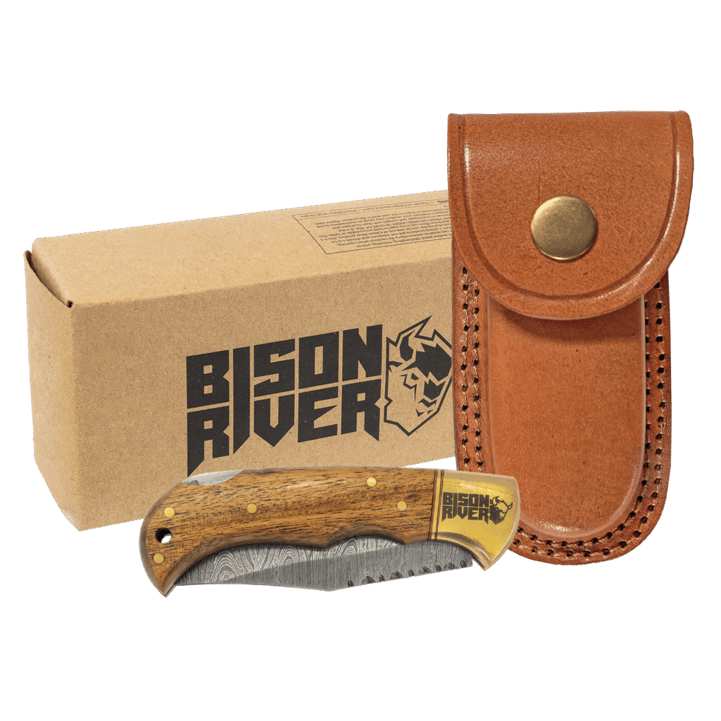 Wood Folding Knife with Leather Sheath.