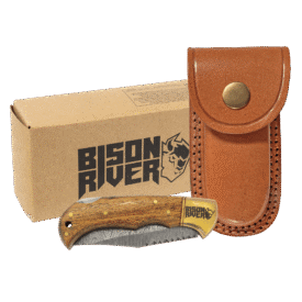 Wood Folding Knife with Leather Sheath.