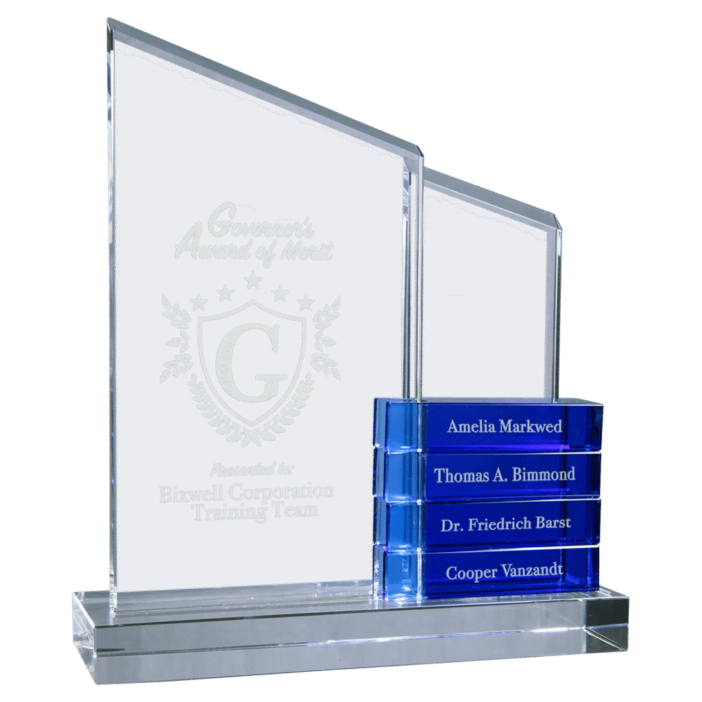 Crystal Perpetual Standup Plaque with 4 Black Crystal Blocks.
