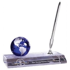 Blue Crystal Globe with Base and Pen.