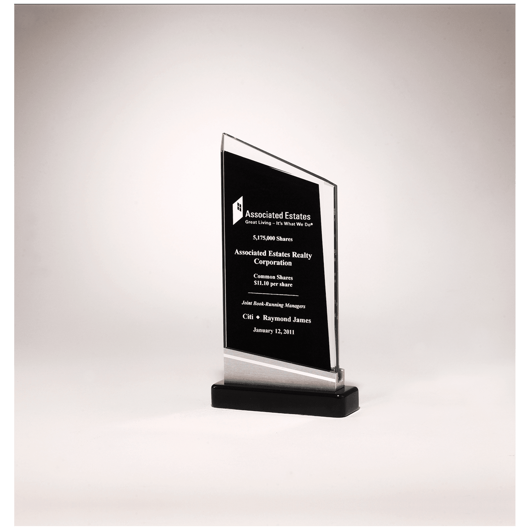 Beveled Clear Glass with Black Silkscreen and Silver Aluminum Accent Base.