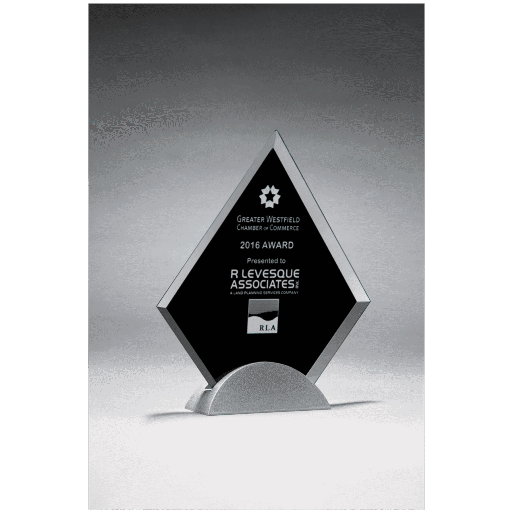 Diamond Shaped Glass Award, Black Silkscreen on Silver Metal Base.