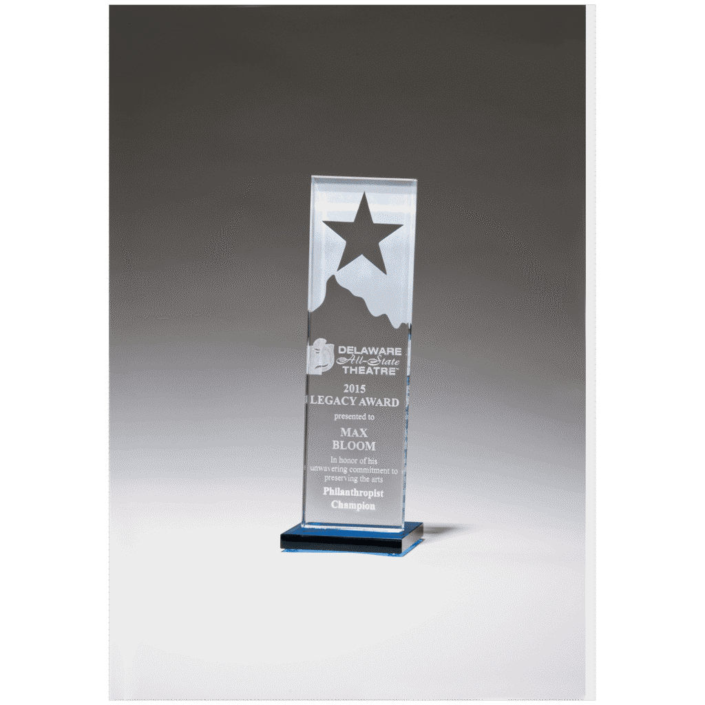 Star and Mountain Peak on Blue Glass Base.
