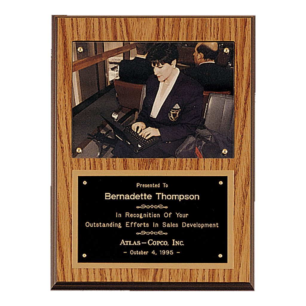 Oak Finish Photo Plaque with Black Brass Plates-Photo Size 5" x 7".