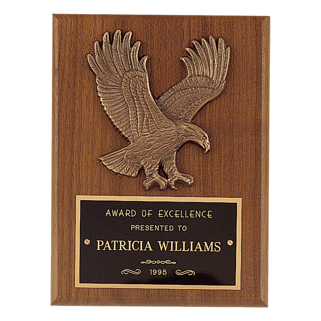 Walnut Plaque with Antique Bronze Eagle and Black Brass Plate.