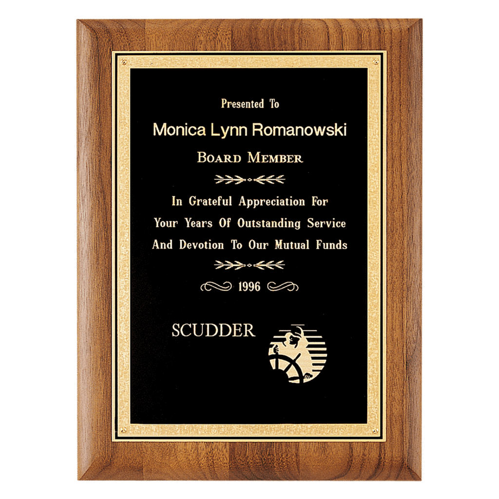 Walnut Plaque with Black/Gold Border Brass Plate.
