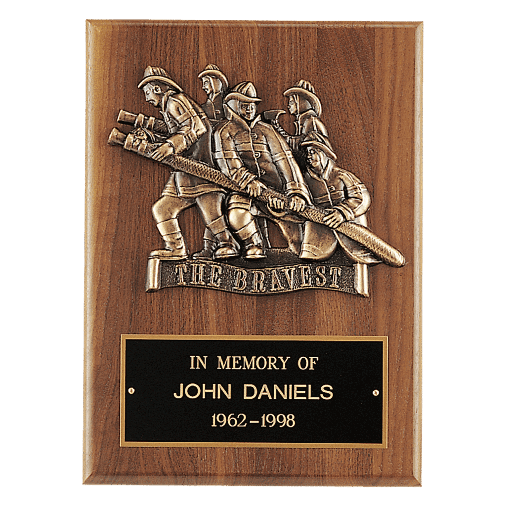 Walnut Plaque with Bronze Cast Fire Department "Bravest".