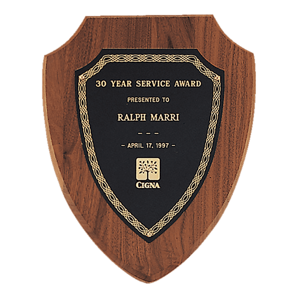 American Walnut Shield Plaque with Black/Gold Plate.