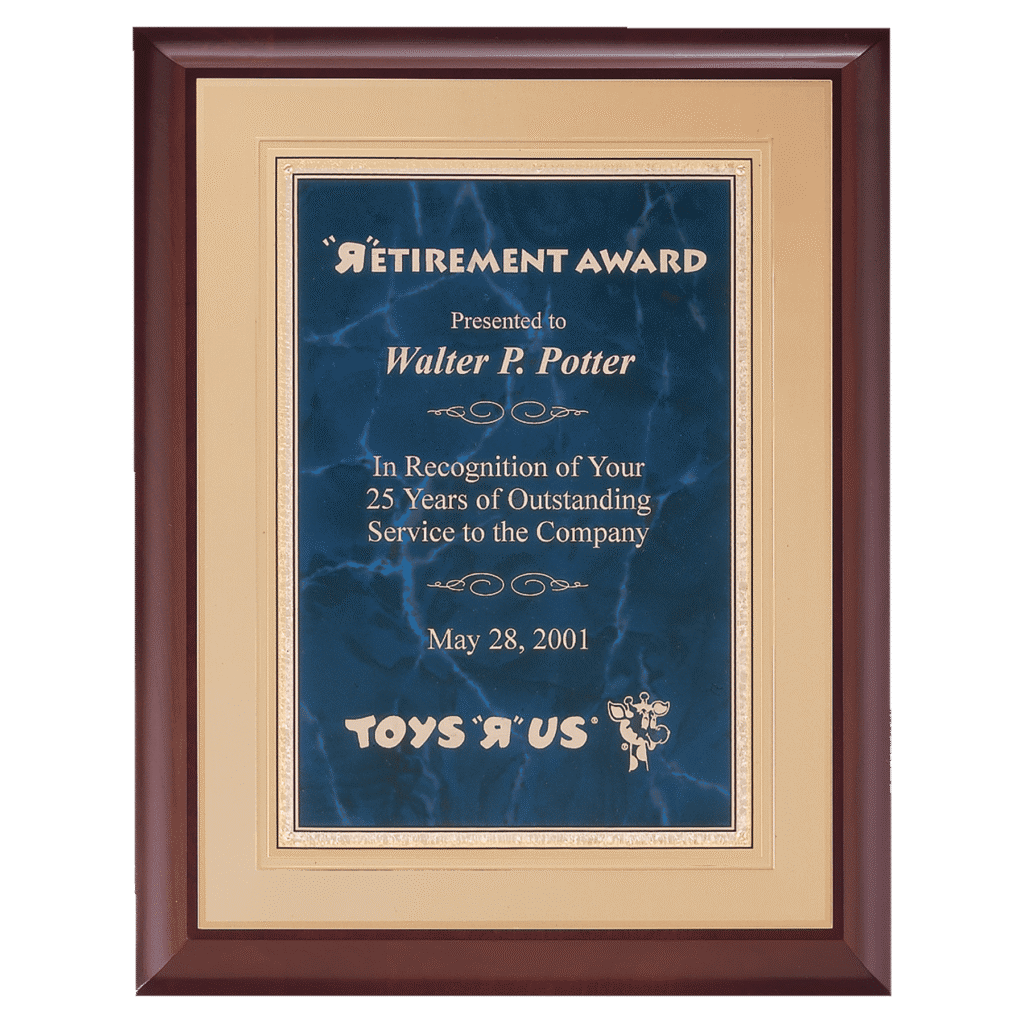 Cherry Finish Plaque, Sapphire Marble/Gold Florentine.