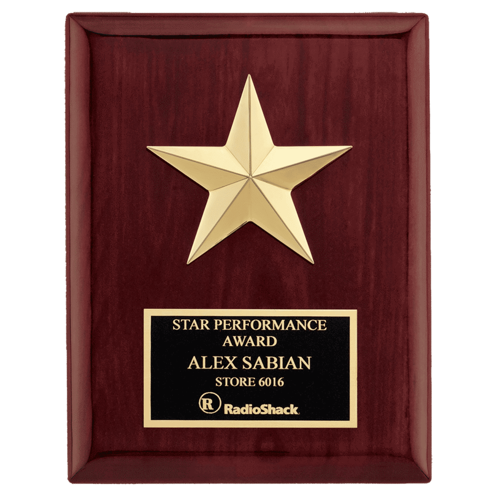 Rosewood Piano Finish Plaque w/Gabled Point Gold Star.
