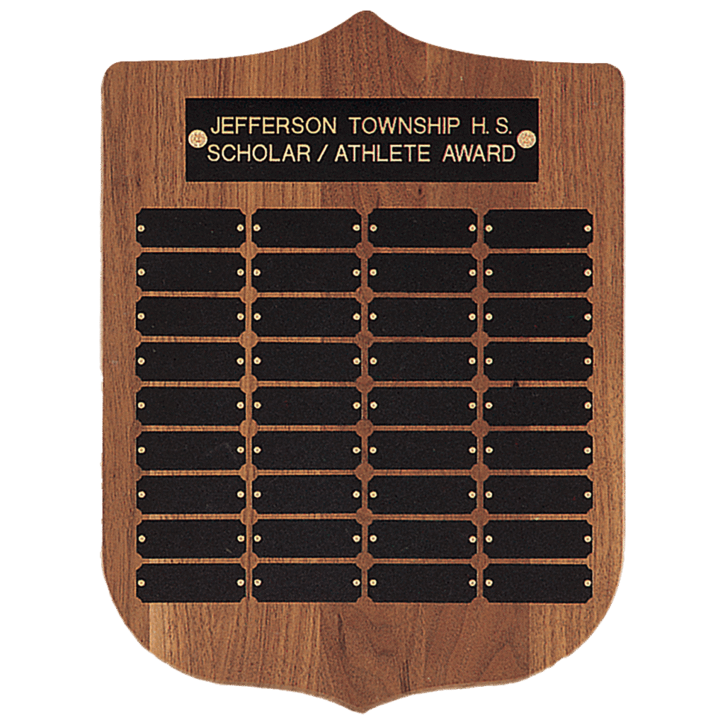 American Walnut 36 Plate Perpetual Plaque with Black Brass Plates.