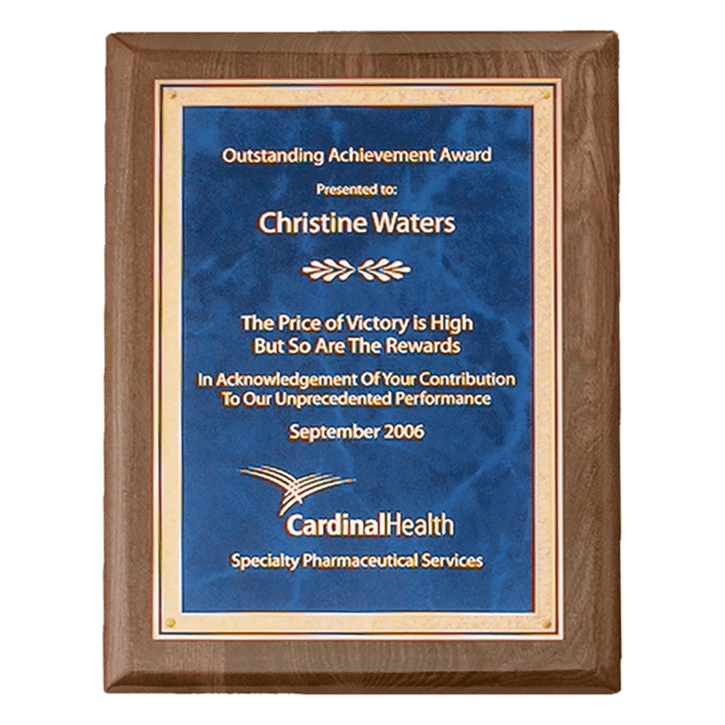 Walnut Stain Piano Premium Plaque with Sapphire Marble/Gold.