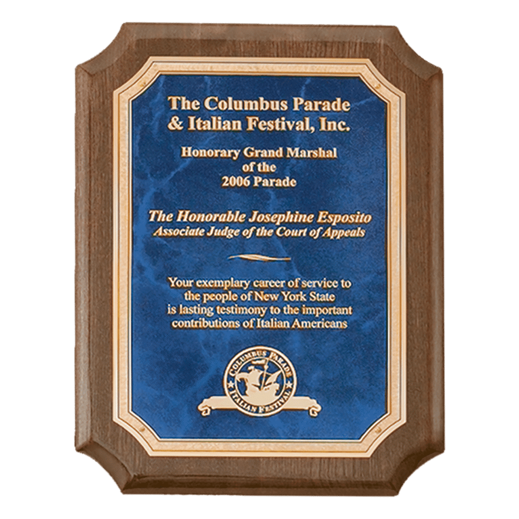 Walnut Stain Piano Premium Plaque with Sapphire Marble/Gold.