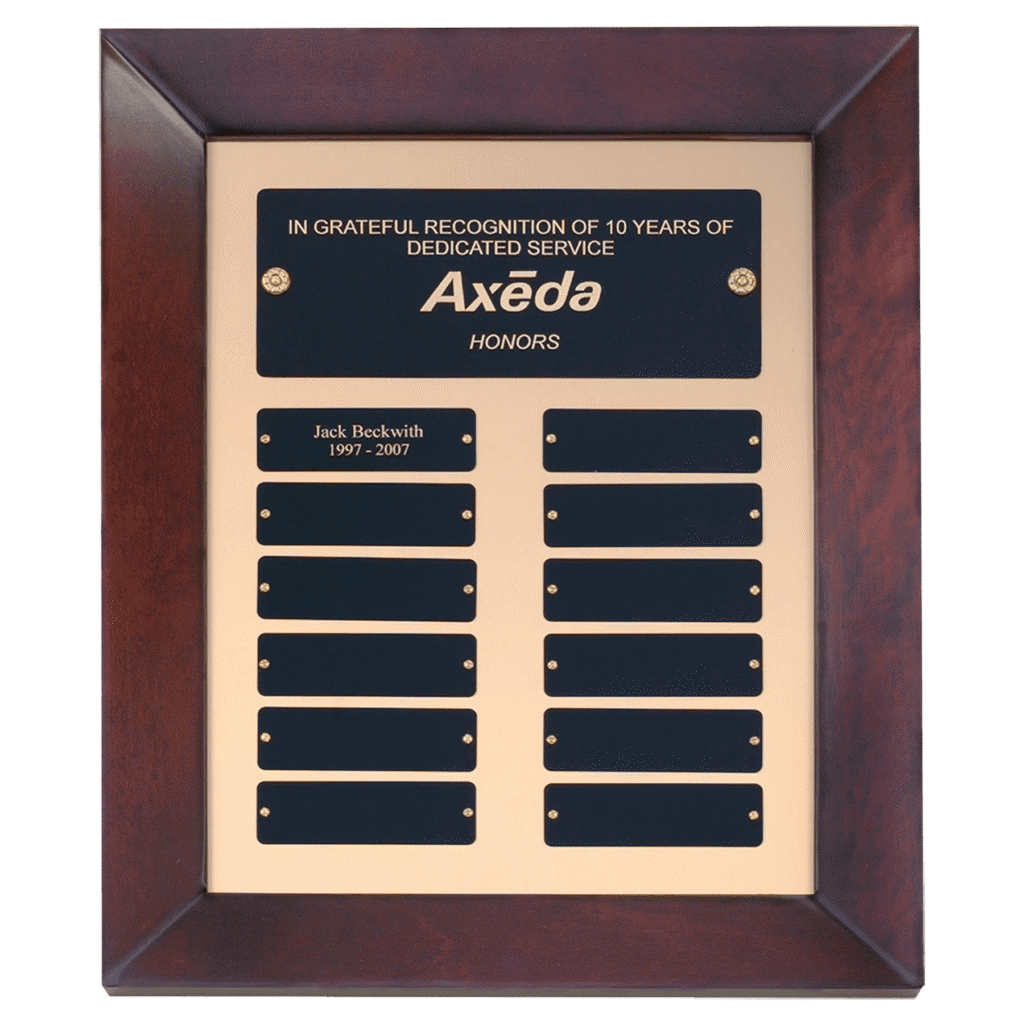 Cherry Finish Perpetual Plaque w/12 Black Brass Plates.
