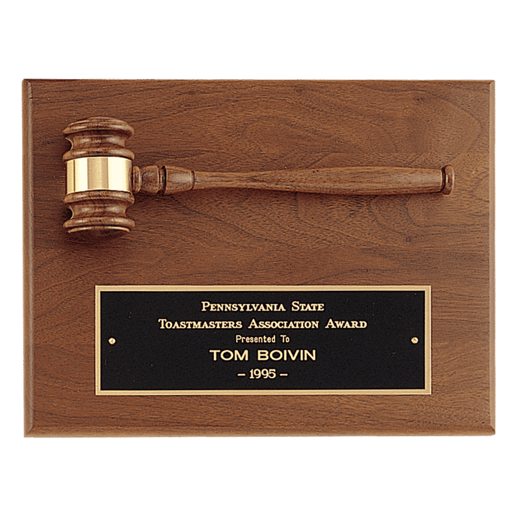 Walnut Gavel and Black Brass Plate.
